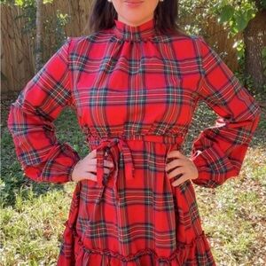 Women's Red Plaid Long-Sleeve Tie-Waist Dress